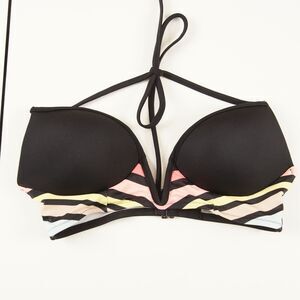 Victorias Secret PINK Midline ‘V’ Plunge Black/Rainbow Bikini Halter Top Women S